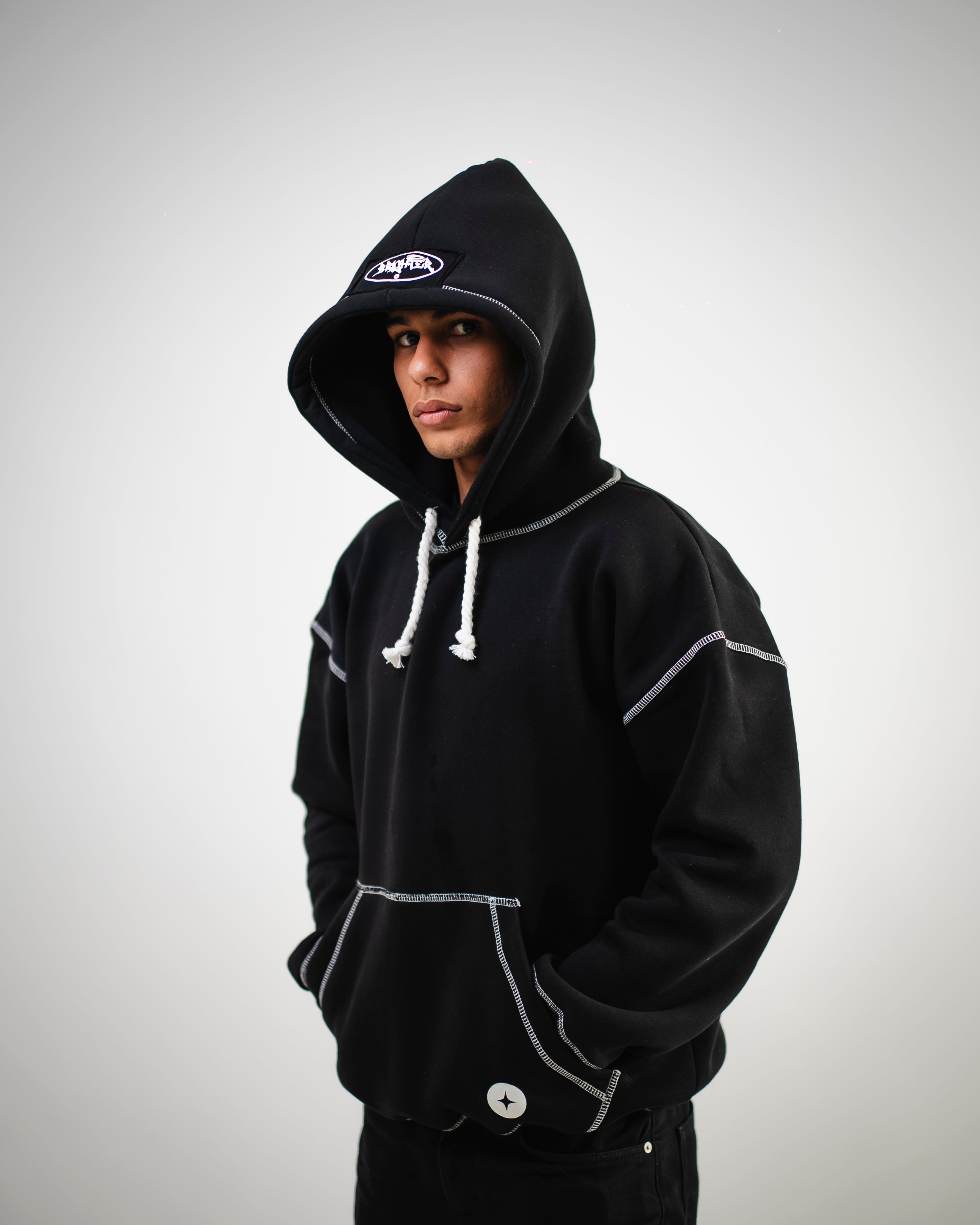 BRIGHTER black white-stitched hoodie
