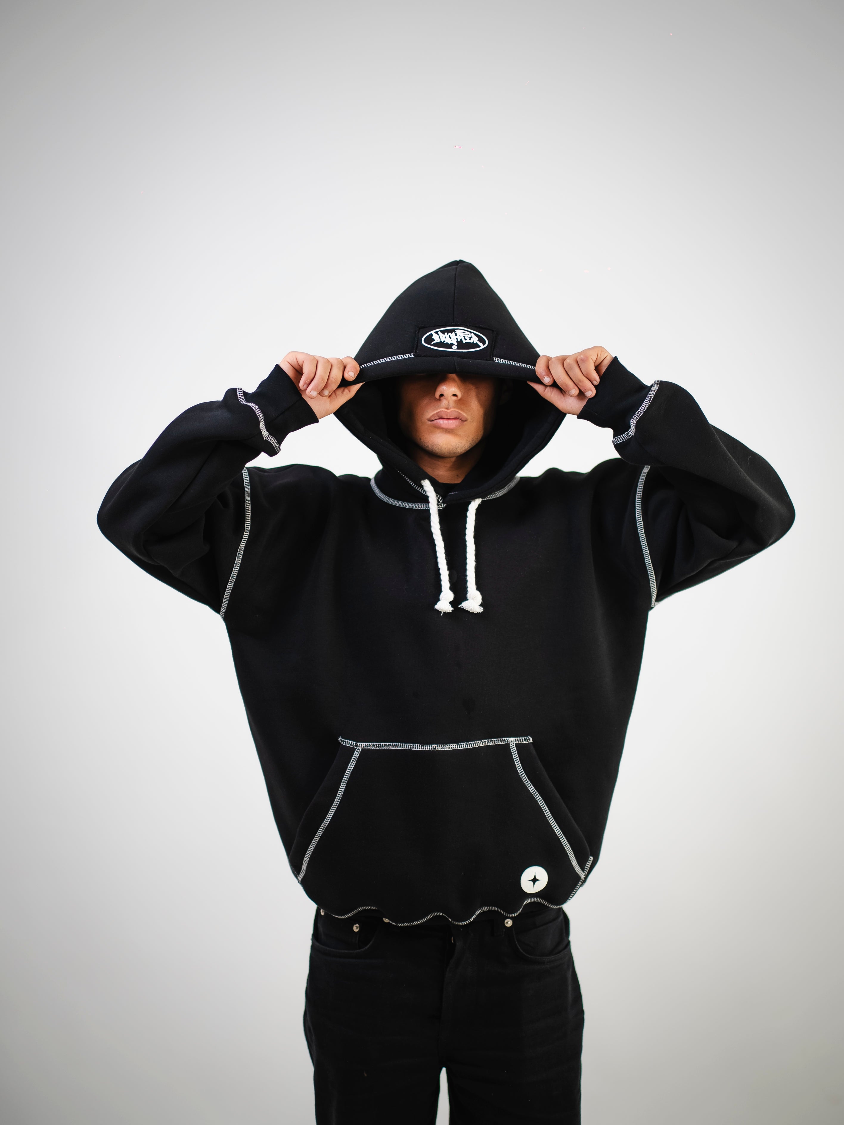 BRIGHTER black white-stitched hoodie