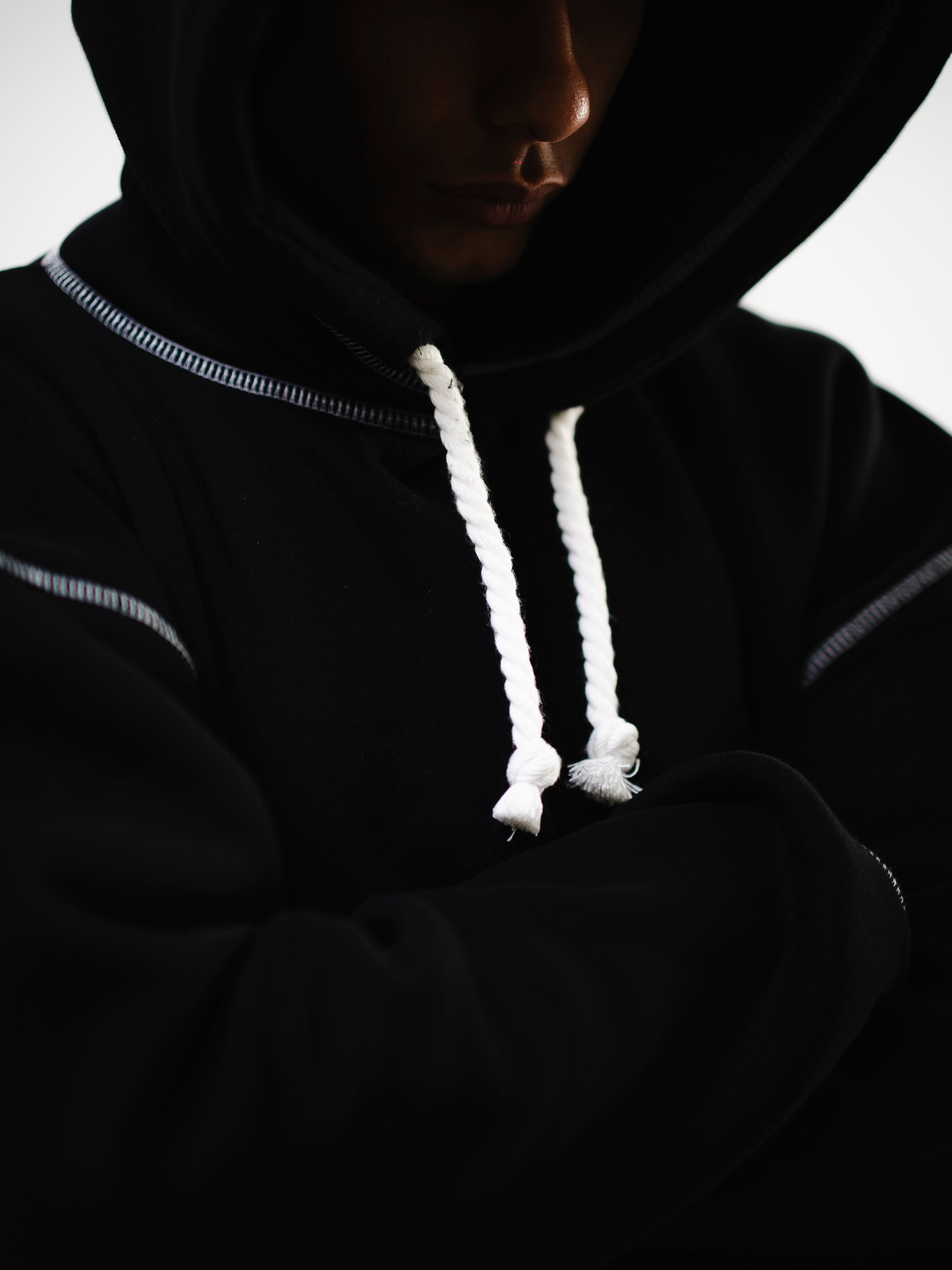 BRIGHTER black white-stitched hoodie